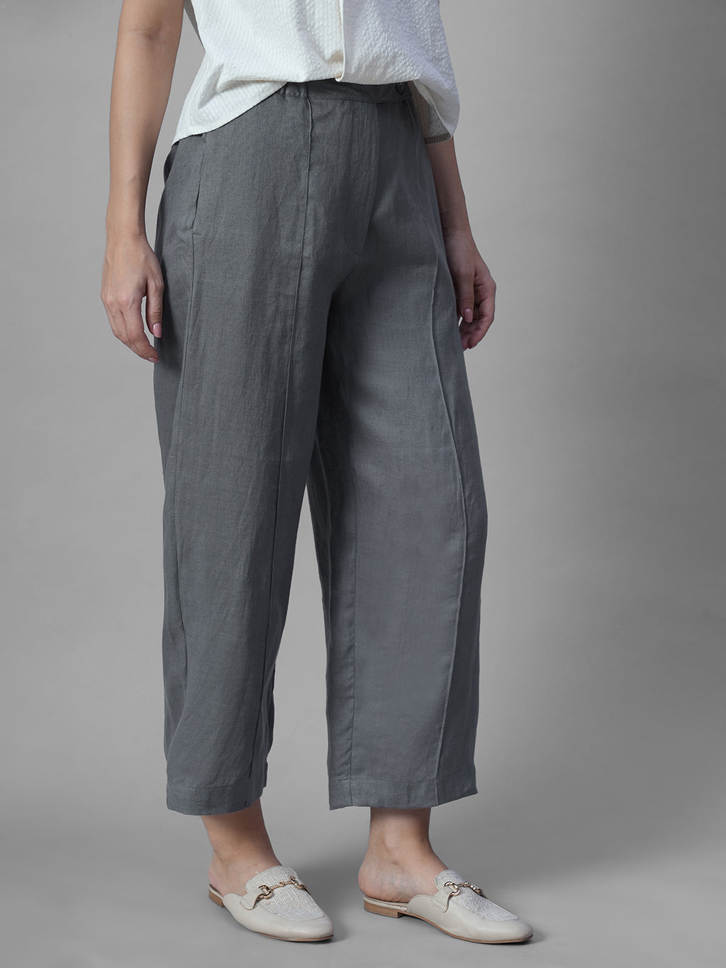 Women's Grey 100% Linen Regular Fit Pant
