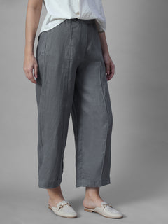 Women's Grey 100% Linen Regular Fit Pant