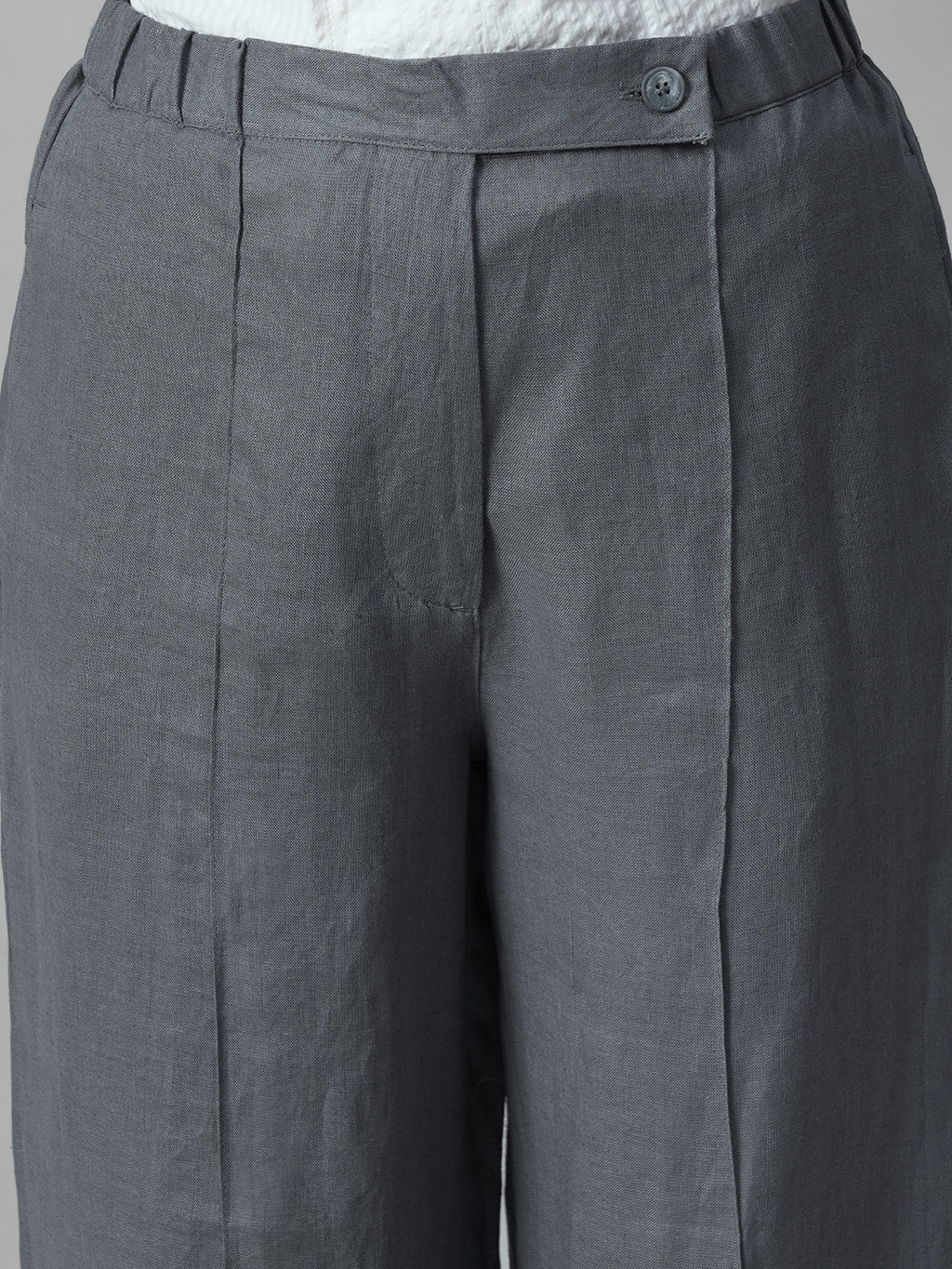 Women's Grey 100% Linen Regular Fit Pant