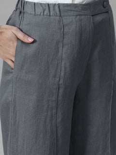 Women's Grey 100% Linen Regular Fit Pant