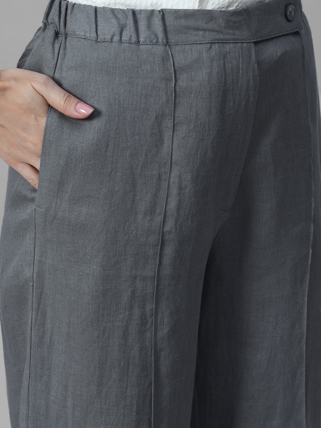 Women's Grey 100% Linen Regular Fit Pant