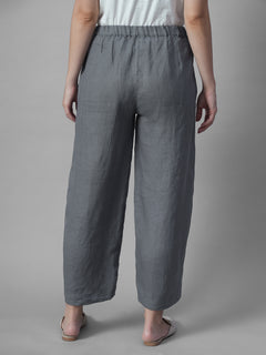 Women's Grey 100% Linen Regular Fit Pant