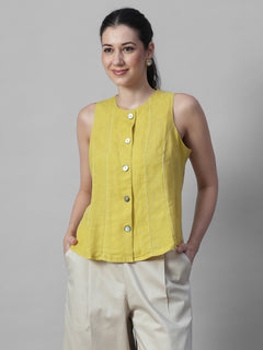 Women's Mustard 100% Linen Regular Fit Blouse