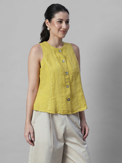 Women's Mustard 100% Linen Regular Fit Blouse