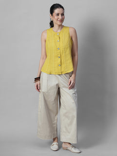 Women's Mustard 100% Linen Regular Fit Blouse