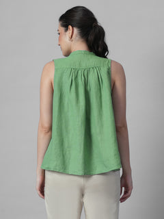 Women's Green 100% Linen Regular Fit Blouse