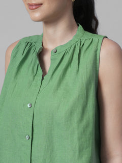 Women's Green 100% Linen Regular Fit Blouse