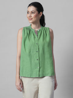 Women's Green 100% Linen Regular Fit Blouse