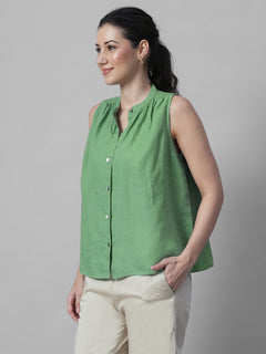 Women's Green 100% Linen Regular Fit Blouse