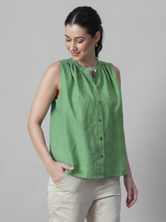 Women's Green 100% Linen Regular Fit Blouse