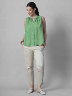 Women's Green 100% Linen Regular Fit Blouse