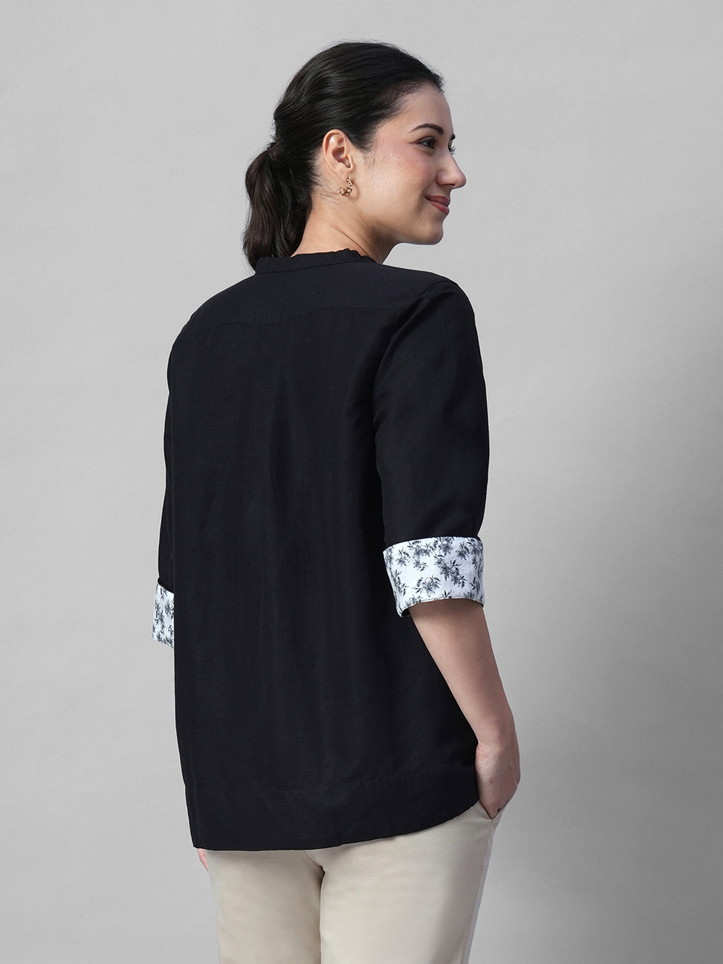 Women's Black Linen Cotton Regular Fit Blouse
