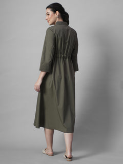 Women's Olive Cotton Lycra Regular Fit Dress