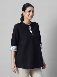 Women's Black Linen Cotton Regular Fit Blouse