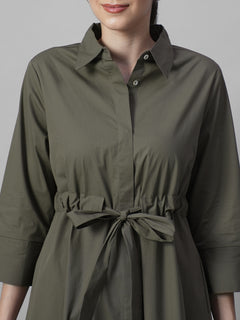 Women's Olive Cotton Lycra Regular Fit Dress