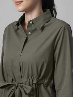 Women's Olive Cotton Lycra Regular Fit Dress