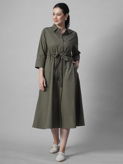 Women's Olive Cotton Lycra Regular Fit Dress