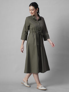 Women's Olive Cotton Lycra Regular Fit Dress