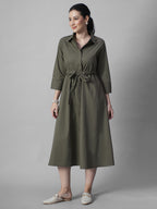 Women's Olive Cotton Lycra Regular Fit Dress