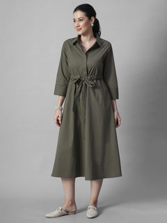 Women's Olive Cotton Lycra Regular Fit Dress