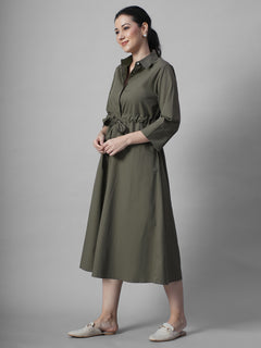 Women's Olive Cotton Lycra Regular Fit Dress