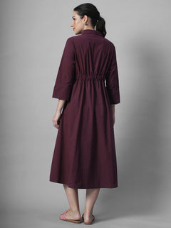 Women's Wine Cotton Lycra Regular Fit Dress