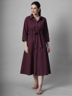 Women's Wine Cotton Lycra Regular Fit Dress