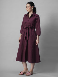 Women's Wine Cotton Lycra Regular Fit Dress