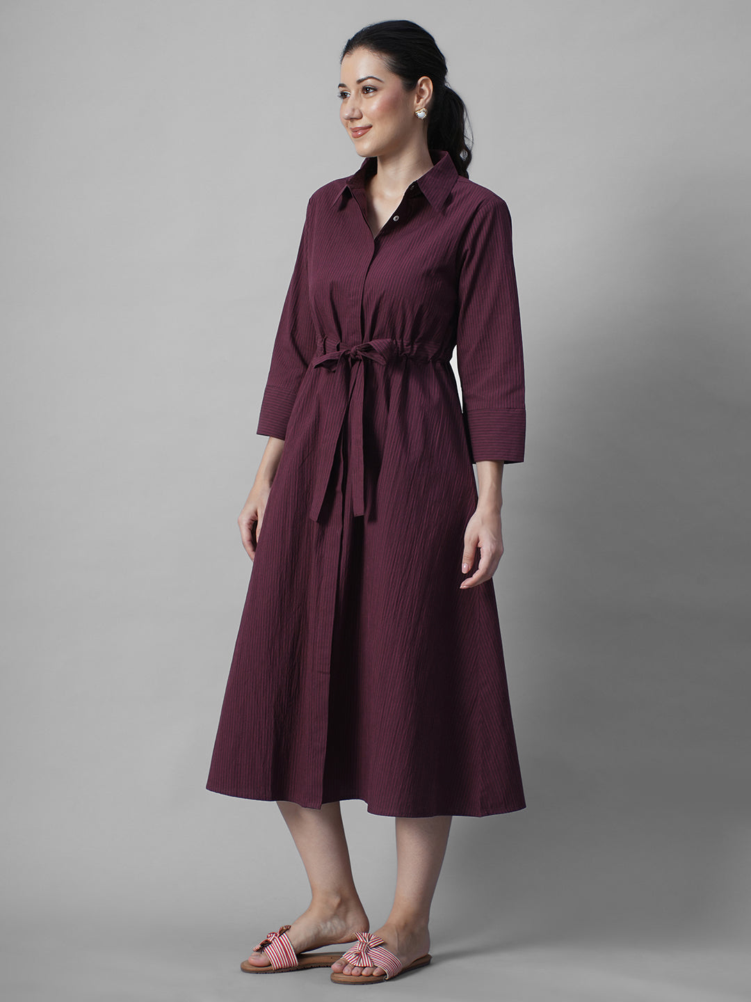 Women's Wine Cotton Lycra Regular Fit Dress