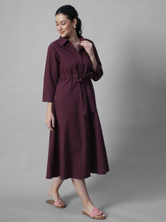Women's Wine Cotton Lycra Regular Fit Dress
