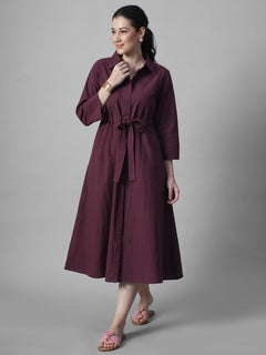 Women's Wine Cotton Lycra Regular Fit Dress
