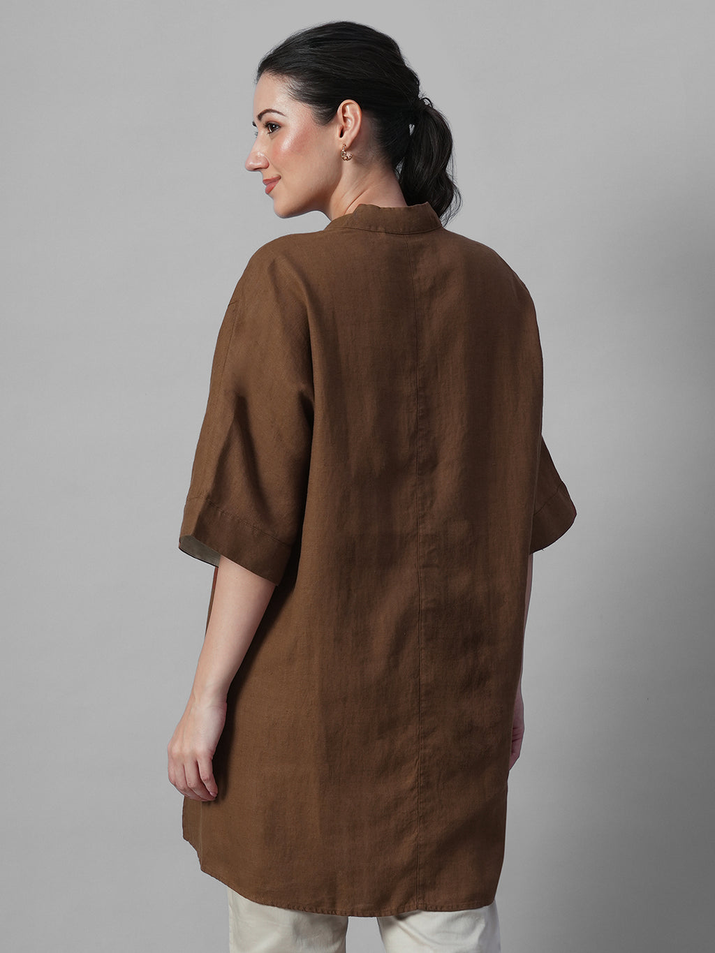 Women's Brown 100% Linen Boxy Fit Kurta