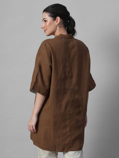 Women's Brown 100% Linen Boxy Fit Kurta