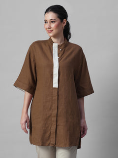 Women's Brown 100% Linen Boxy Fit Kurta