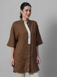 Women's Brown 100% Linen Boxy Fit Kurta