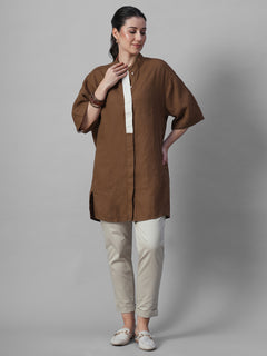Women's Brown 100% Linen Boxy Fit Kurta