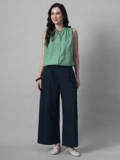 Women's Navy Cotton Linen Regular Fit Pant
