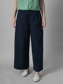 Women's Navy Cotton Linen Regular Fit Pant