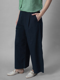 Women's Navy Cotton Linen Regular Fit Pant