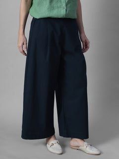 Women's Navy Cotton Linen Regular Fit Pant