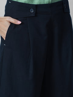 Women's Navy Cotton Linen Regular Fit Pant
