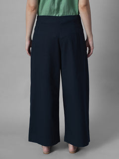 Women's Navy Cotton Linen Regular Fit Pant