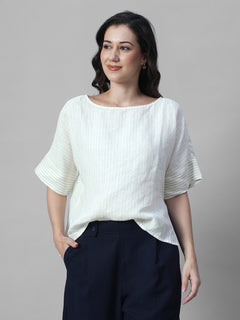 Women's Offwhite 100% Linen Boxy Fit Blouse
