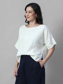 Women's Offwhite 100% Linen Boxy Fit Blouse