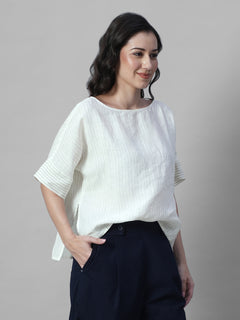 Women's Offwhite 100% Linen Boxy Fit Blouse