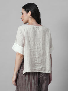Women's Beige 100% Linen Boxy Fit Blouse