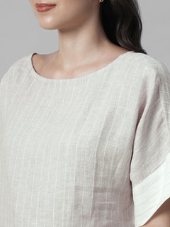 Women's Beige 100% Linen Boxy Fit Blouse