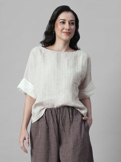 Women's Beige 100% Linen Boxy Fit Blouse