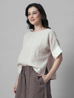 Women's Beige 100% Linen Boxy Fit Blouse