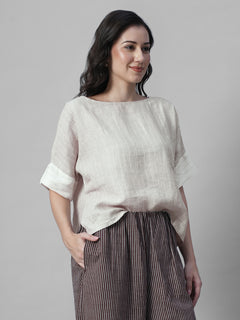 Women's Beige 100% Linen Boxy Fit Blouse